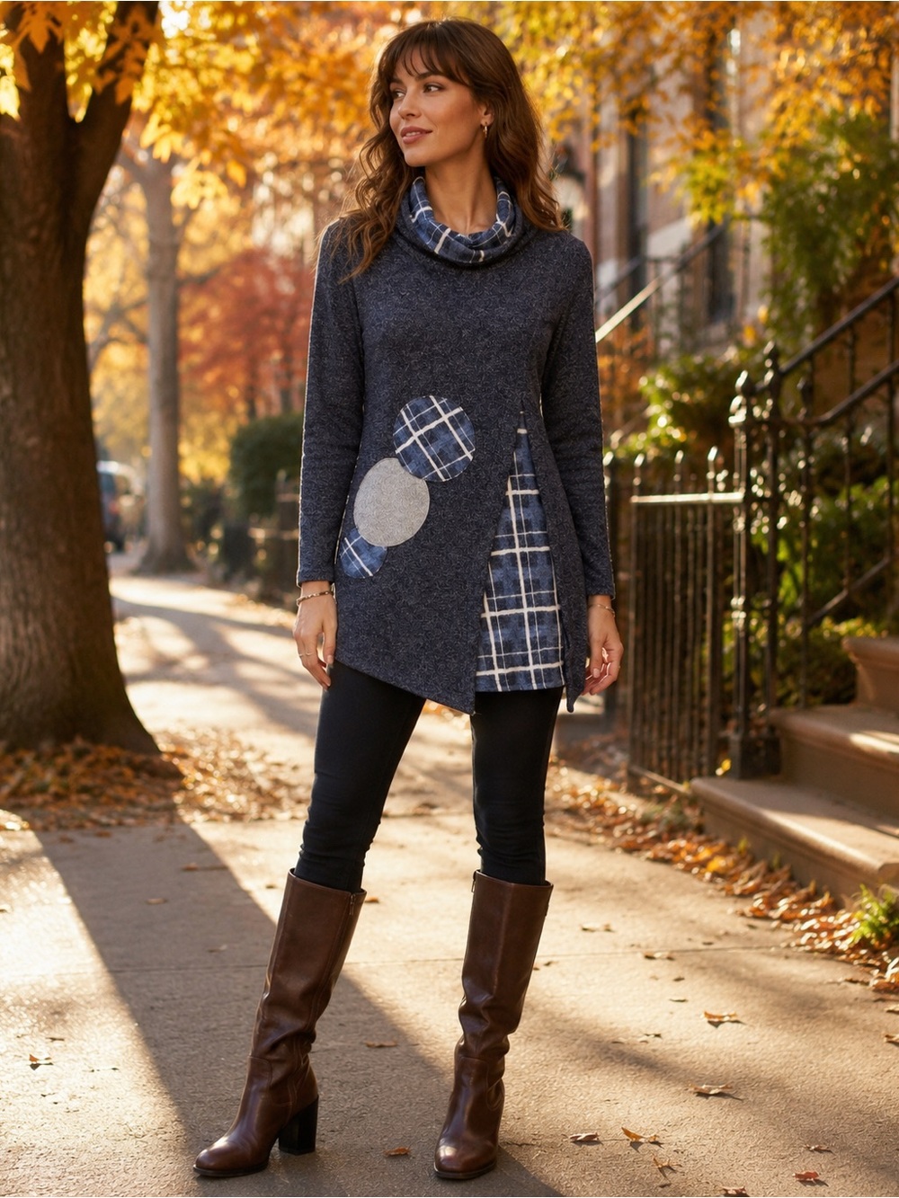 Trisha Tyler XS Blue Plaid Cowl Neck Tunic Sweater Artsy Asymmetrical Top
